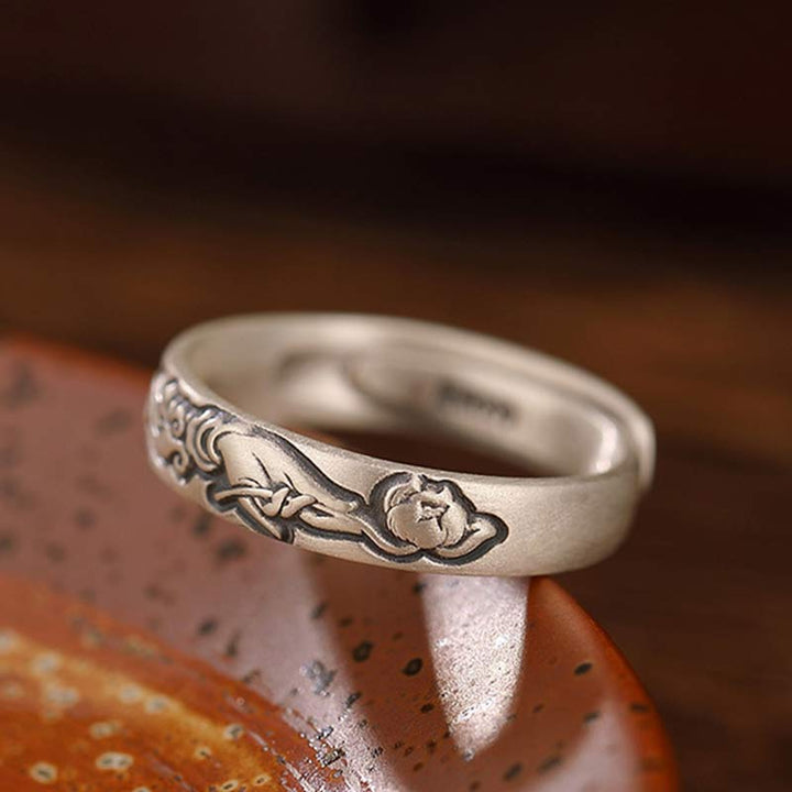 Anello Buddha Stones 999 Sterling Silver Lotus Peony Flower Enlightenment