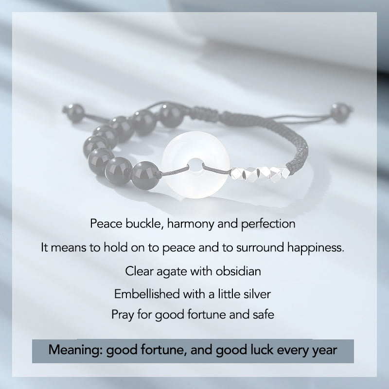 Bracciale Buddha Stones 925 Sterling Silver Ossidiana Nera Agata Fibbia della Pace Forza