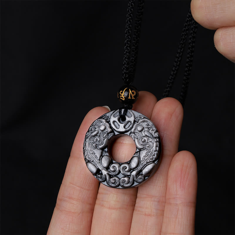 Buddha Stones con ciondolo con fibbia della pace in argento naturale lucido ossidiana doppia PiXiu moneta di rame - image 5