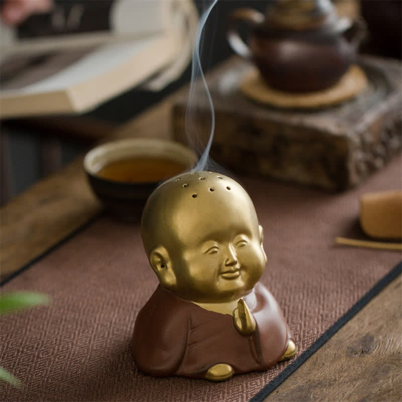 Bruciatore di incenso curativo in ceramica Little Buddha Laughing Buddha