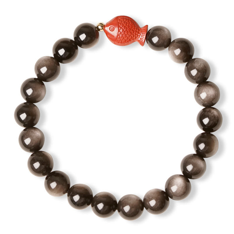 Braccialetto di protezione lenitiva con pesce koi, ossidiana, cinabro, argento naturale e Buddha Stones