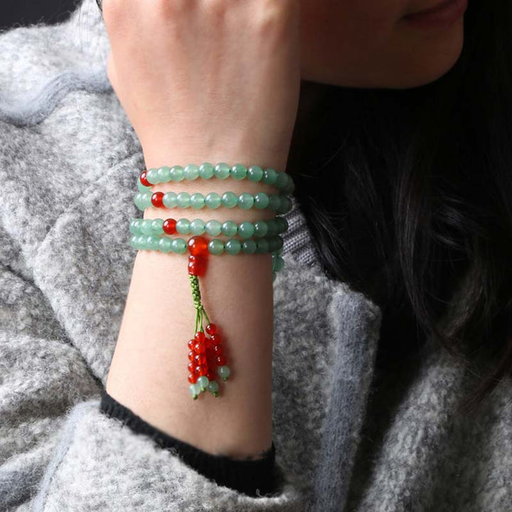Bracciale Mala della Fortuna con 108 Perline Buddha Stones, Agata Rossa e Avventurina Verde