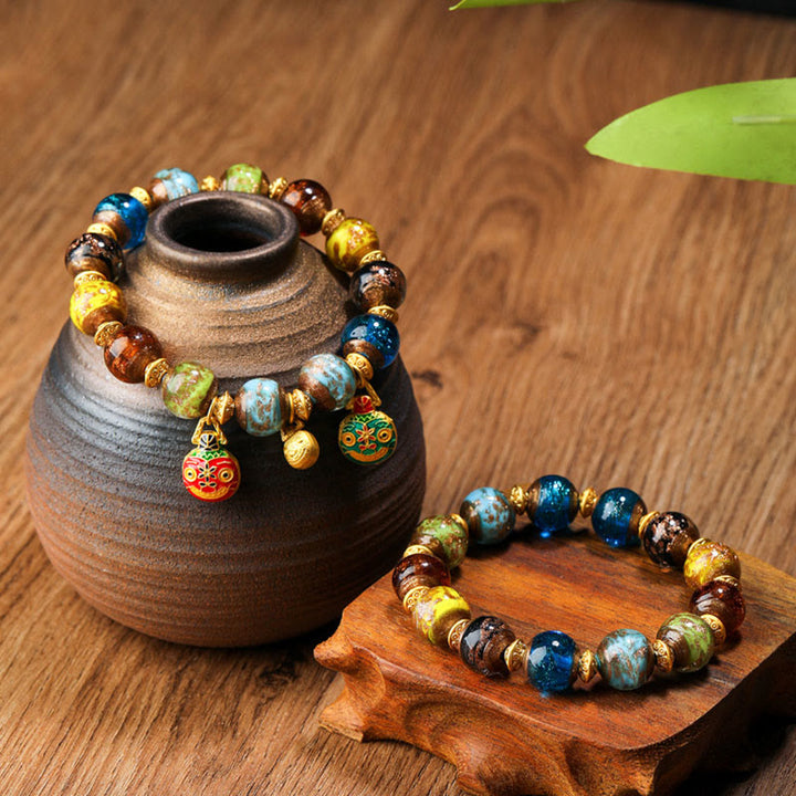 Buddha Stones Oro Deglutizione Bestia Famiglia Ciondolo Liuli Perline di Vetro Braccialetto della Fortuna