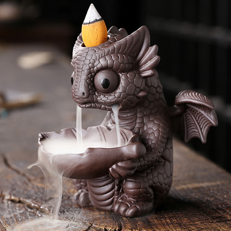 Bella fontana di fumo a riflusso in argilla viola con dinosauro, decorazione per bruciatore di incenso curativo