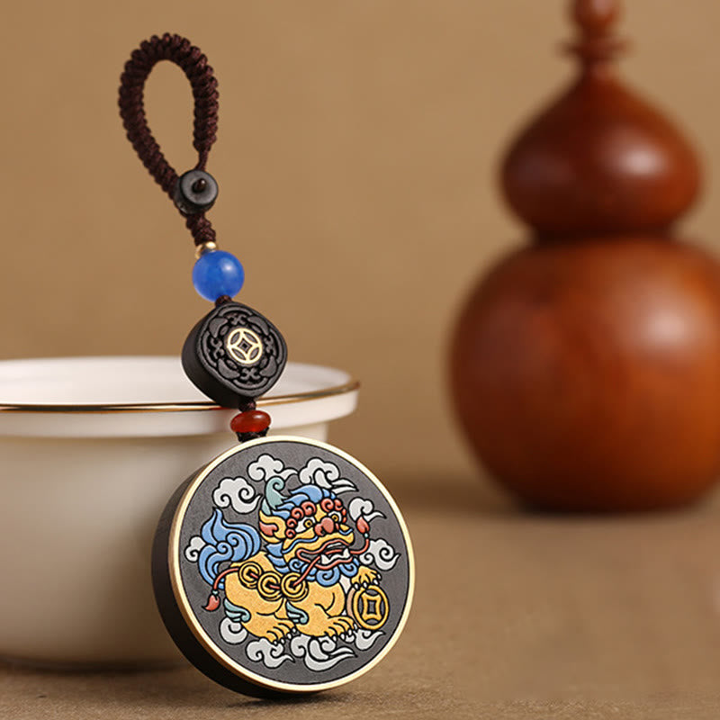 Buddha Stones PiXiu Moneta di rame Legno di ebano Fortuna Attrarre Ricchezza Portachiavi Decorazione