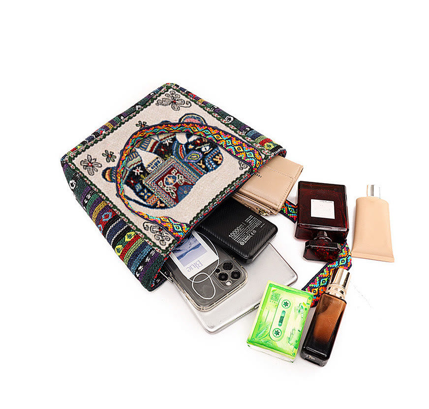 Borsa a tracolla in tela di grande capacità ricamata con elefante e farfalla , Buddha Stones