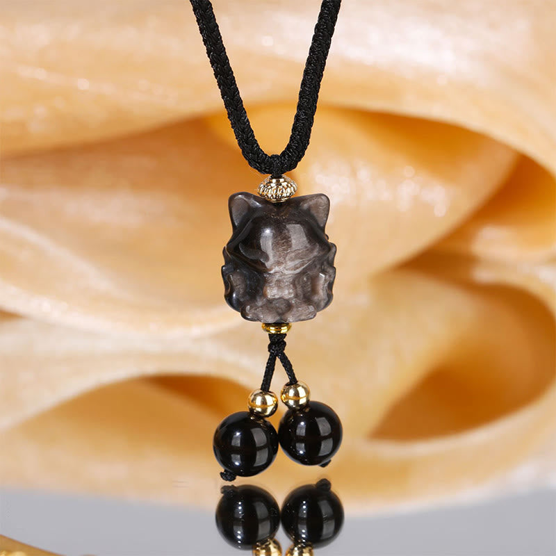 Collana con ciondolo di protezione a forma di volpe a nove code in ossidiana lucida d'argento naturale Buddha Stones