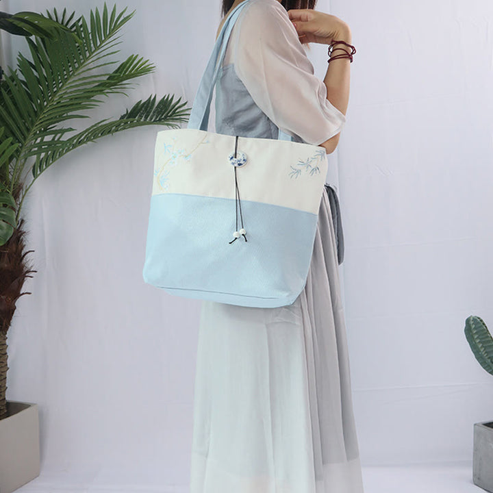 Borsa a tracolla grande capacità in tela con ricamo in bambù, prugna, fiore di pera, pesco