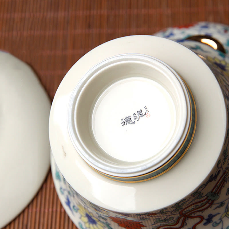 Buddha Stones Retro Prugna Fiore Pino Bambù Fenice Kirin Ceramica Gaiwan Sancai Tazza da tè Kung Fu Tazza da tè e piattino con coperchio