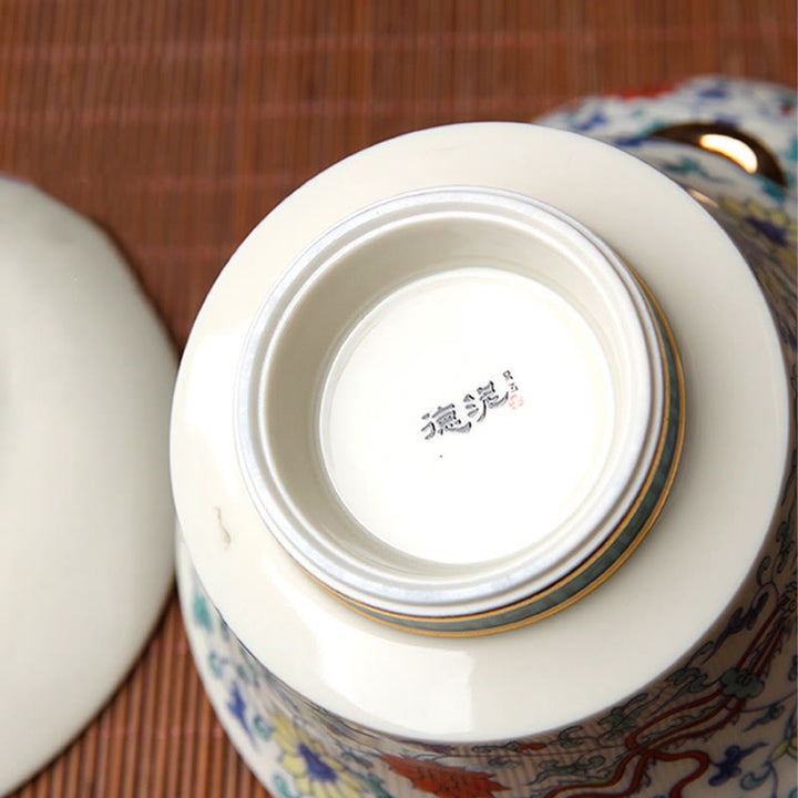 Buddha Stones Retro Prugna Fiore Pino Bambù Fenice Kirin Ceramica Gaiwan Sancai Tazza da tè Kung Fu Tazza da tè e piattino con coperchio