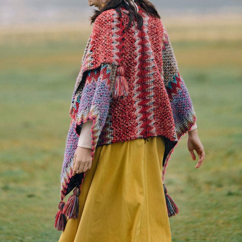 Scialle tibetano lavorato a maglia con Buddha Stones, mantello caldo, sciarpa tibetana con nappe