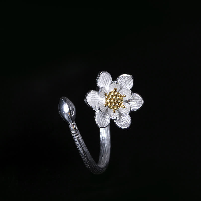 Anello di benedizione del fiore di loto in argento sterling 925 Buddha Stones