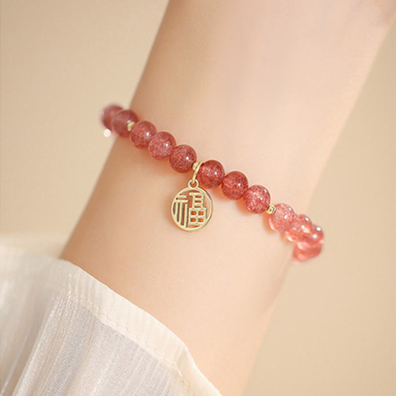 Braccialetto con ciondolo curativo in quarzo fragola placcato oro 14K Buddha Stones Fu