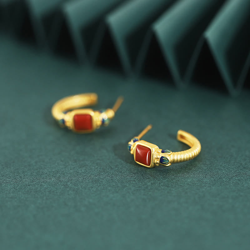 Orecchini a bottone in argento sterling 925 con agata rossa e loto, fiducia e calma