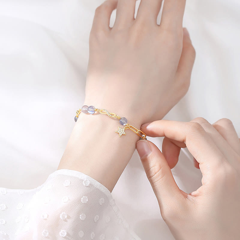 Buddha Stones 14K placcato oro naturale quarzo fragola pietra di luna Möbius Loop Eternal Love Star Bracciale positivo