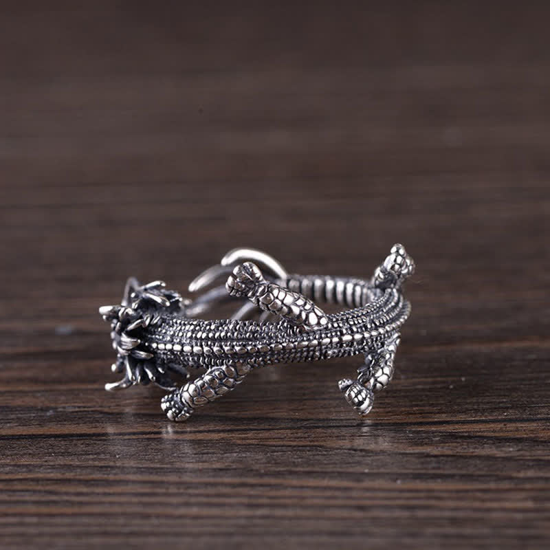 Anello di protezione della fortuna del drago in argento sterling 925 Buddha Stones