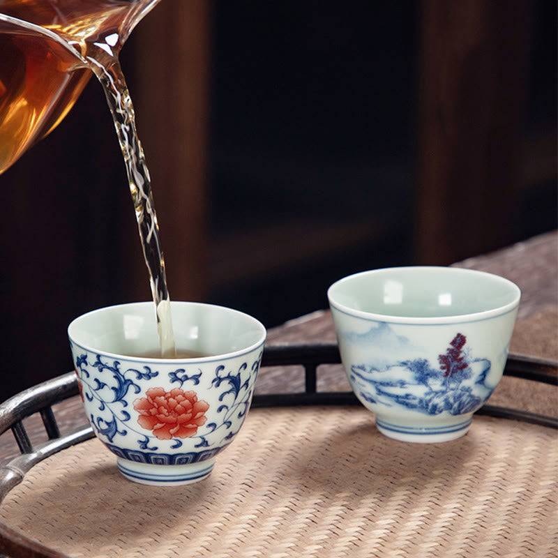 Buddha Stones Paesaggio blu Montagne Loto Gatto carino Padiglioni Magnolia Canna Aironi Tazza da tè in ceramica Piccola tazza da tè Kung Fu