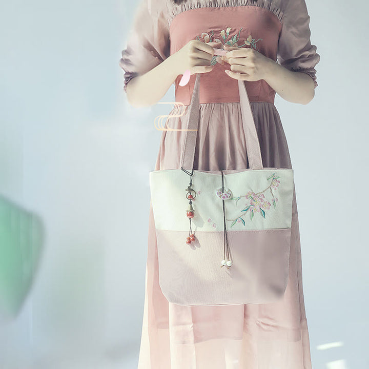 Borsa a tracolla grande capacità in tela con ricamo in bambù, prugna, fiore di pera, pesco