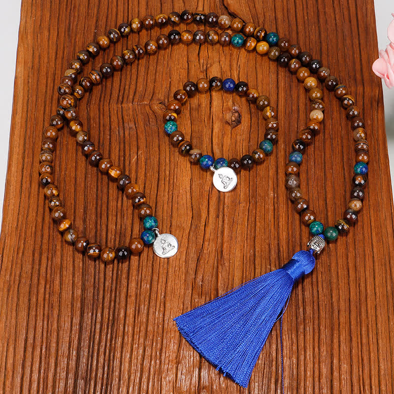 Buddha Stones 108 Mala Beads Occhio di tigre Buddha Forza Braccialetto Nappa Collana Pendente
