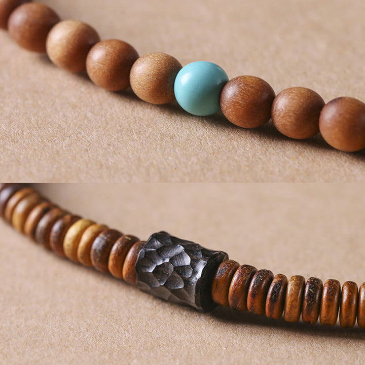 Braccialetto di protezione a doppio giro con Buddha Stones di sandalo, piccola foglia di sandalo rosso e turchese