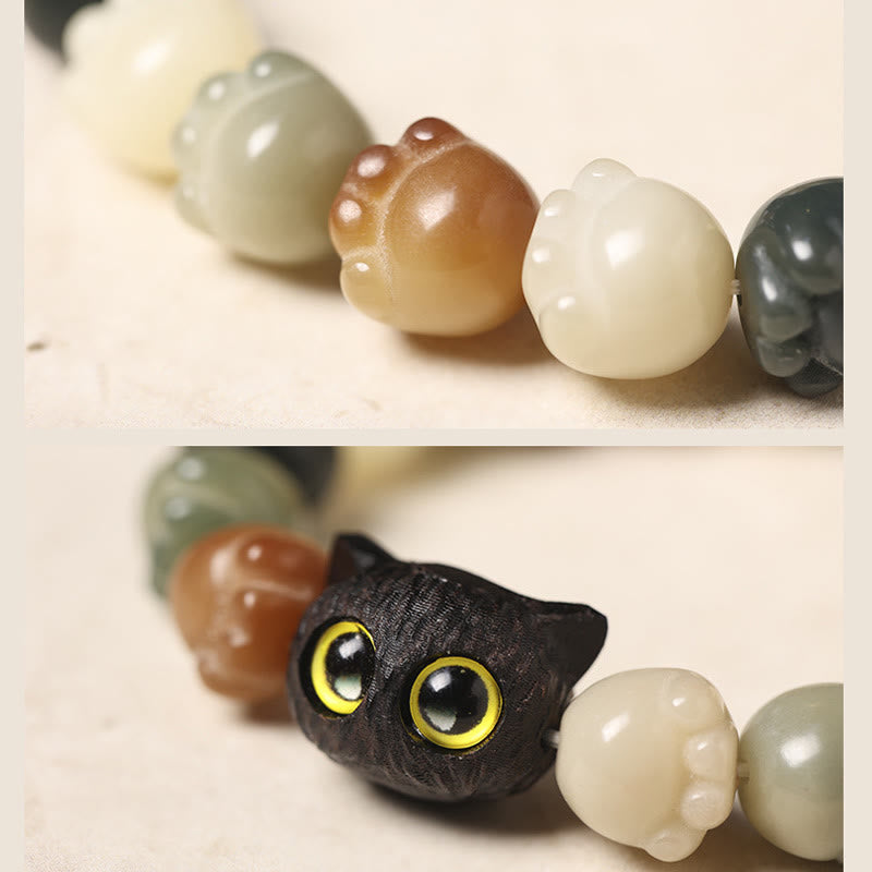 Buddha Stones Semi di Bodhi naturali Zampa adorabile Braccialetto di saggezza del gatto fortunato in legno di ebano - image 6