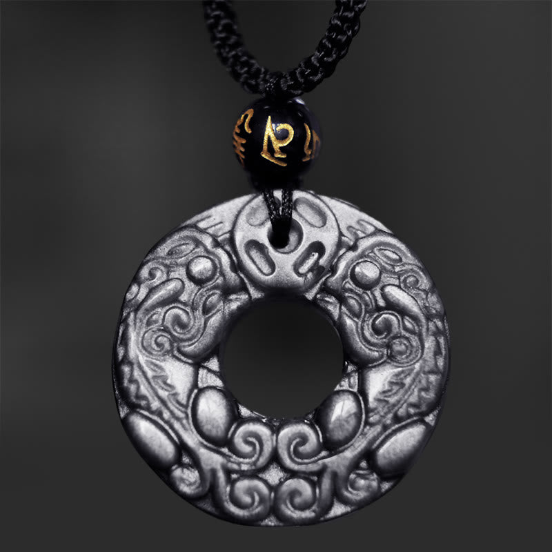 Buddha Stones con ciondolo con fibbia della pace in argento naturale lucido ossidiana doppia PiXiu moneta di rame - image 4