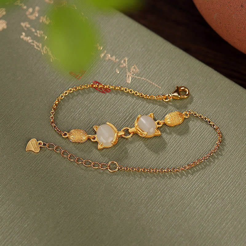 Braccialetto portafortuna con giada bianca naturale Hetian in argento sterling 925 Buddha Stones, giada ciano e volpe adorabile