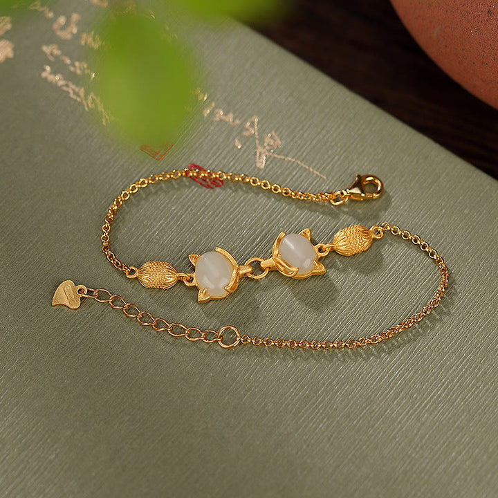 Braccialetto portafortuna con giada bianca naturale Hetian in argento sterling 925 Buddha Stones, giada ciano e volpe adorabile