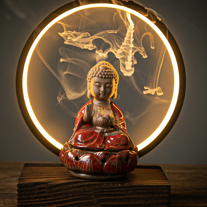 Buddha Stones Buddha Lotus Fontana di fumo a riflusso Bruciatore di incenso di benedizione in ceramica con decorazione luminosa