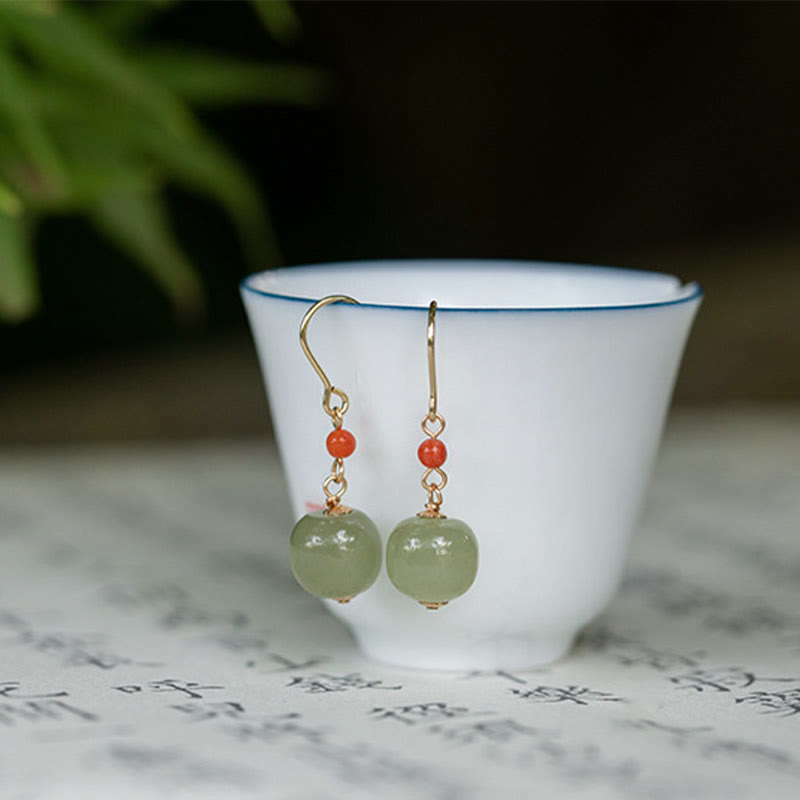 Orecchini pendenti con pendente della fortuna in giada di Hetian, agata rossa, argento sterling 925 placcato oro 14k, Buddha Stones - image 4