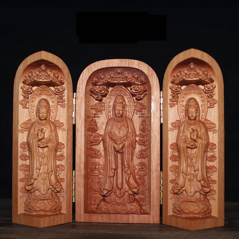 Avalokitesvara Kwan Yin Buddha Legno di ciliegio Compassione Decorazione della casa Altare