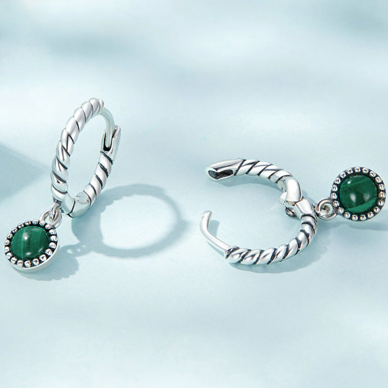 Orecchini pendenti anti-ansia in argento sterling 925 con malachite rotonda