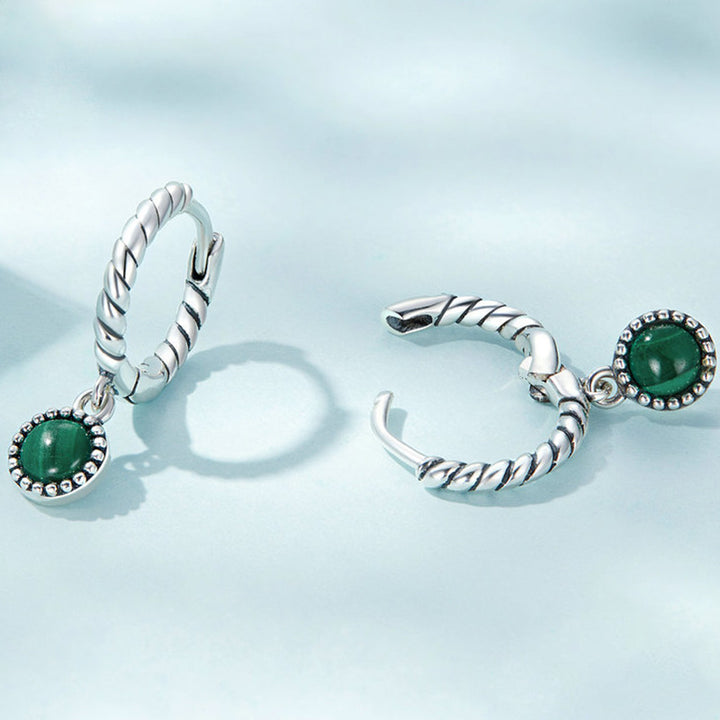 Orecchini pendenti anti-ansia in argento sterling 925 con malachite rotonda