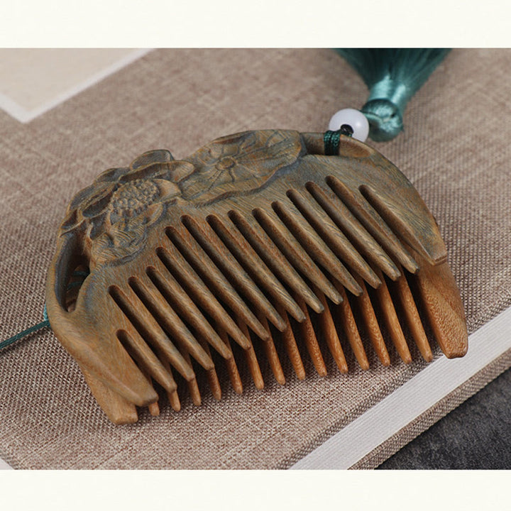 Pettine con nappa di cura inciso a forma di fiore di peonia volpe sandalo verde