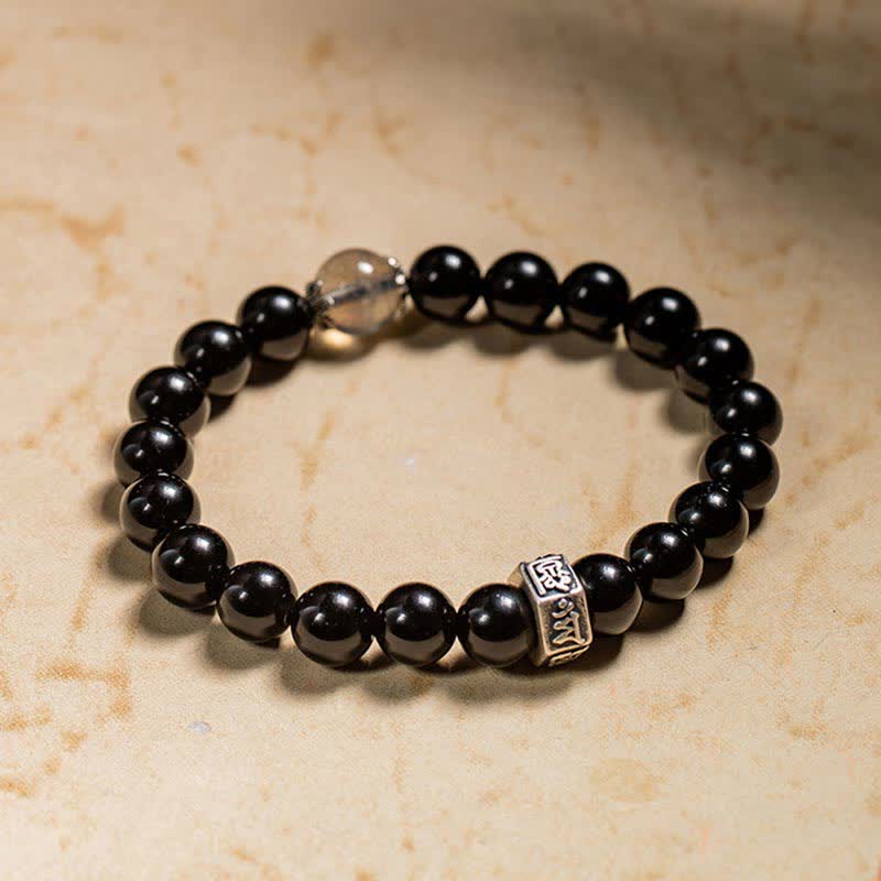 Braccialetto cinese zodiaco natale Buddha 925 argento sterling ossidiana nera pietra di luna forza