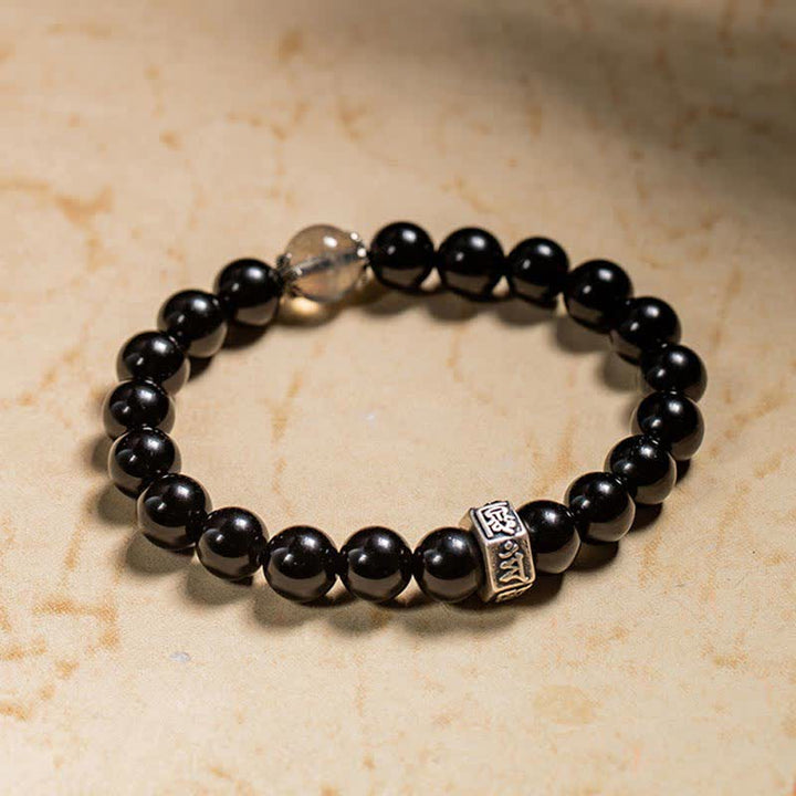 Braccialetto cinese zodiaco natale Buddha 925 argento sterling ossidiana nera pietra di luna forza
