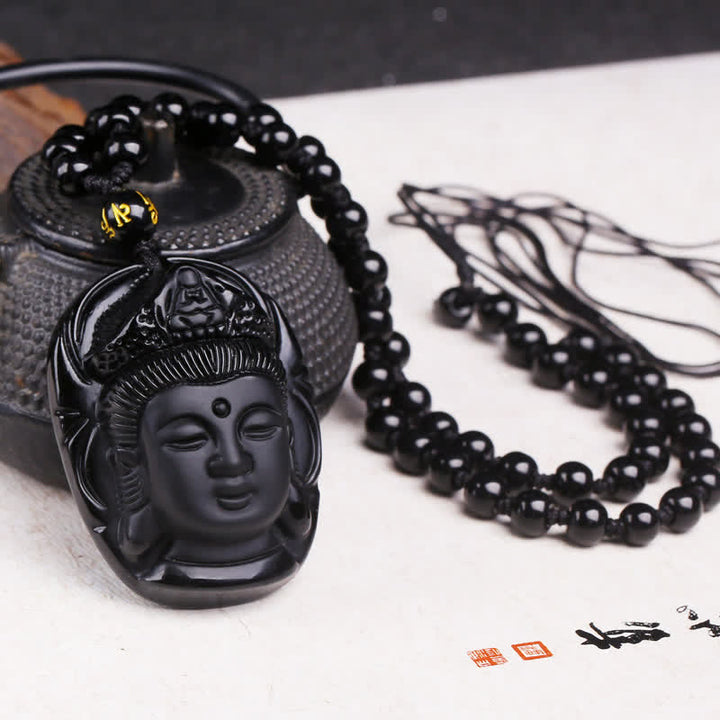 Buddha Stones Ossidiana nera naturale Kwan Yin Avalokitesvara Forza Collana con ciondolo - Ossidiana nera (Purificazione♥Trasformazione) - image 1