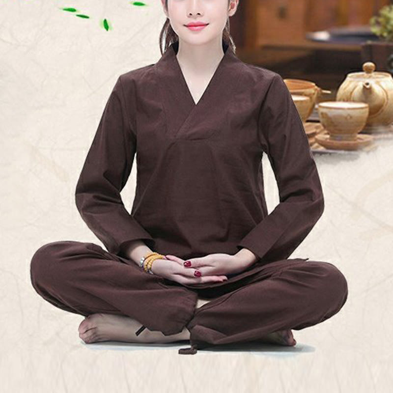 Buddha Stones Zen Pratica Yoga Meditazione Preghiera Scollo a V Design Uniforme Cotone Lino Abbigliamento Donna Set - image 14