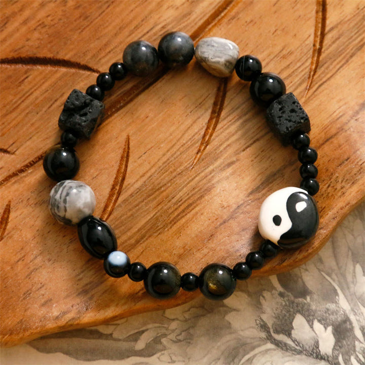Braccialetto di protezione della fortuna Yin Yang con perline di diaspro Picasso in onice nero Buddha Stones - image 2