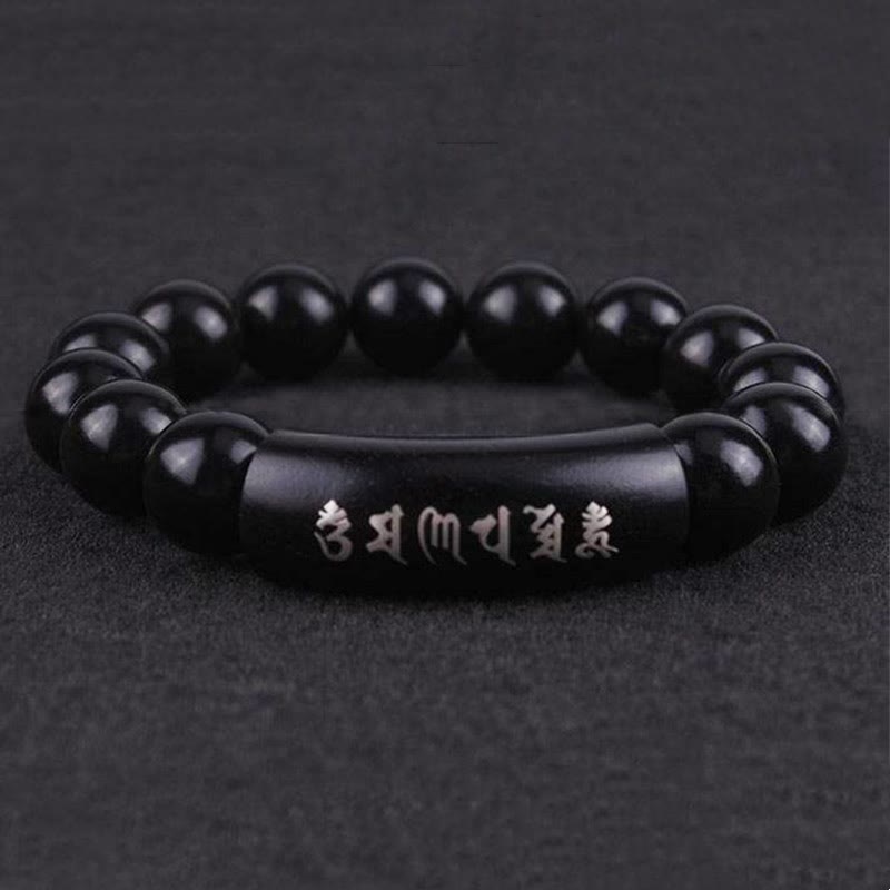 Bracciale intarsiato in legno di ebano con Buddha Stones in argento sterling 999 Om Mani Padme Hum