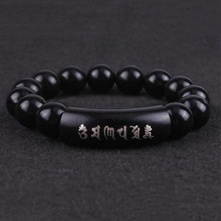 Bracciale intarsiato in legno di ebano con Buddha Stones in argento sterling 999 Om Mani Padme Hum