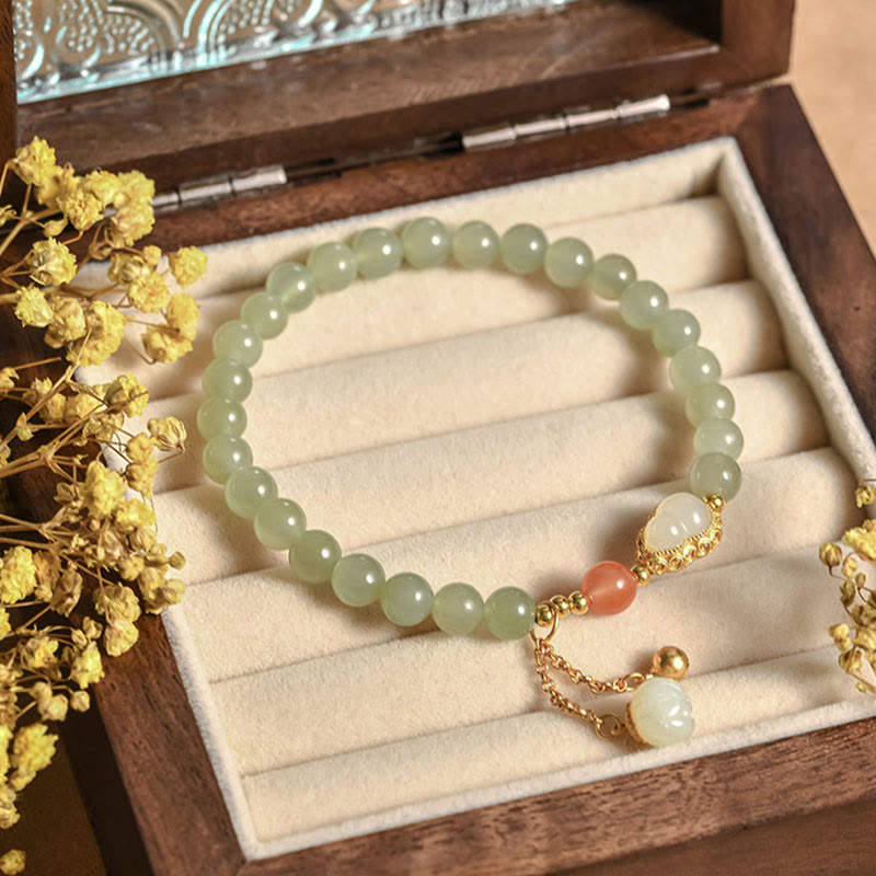 Braccialetto portafortuna in argento sterling 925 con giada Hetian e zucca di loto