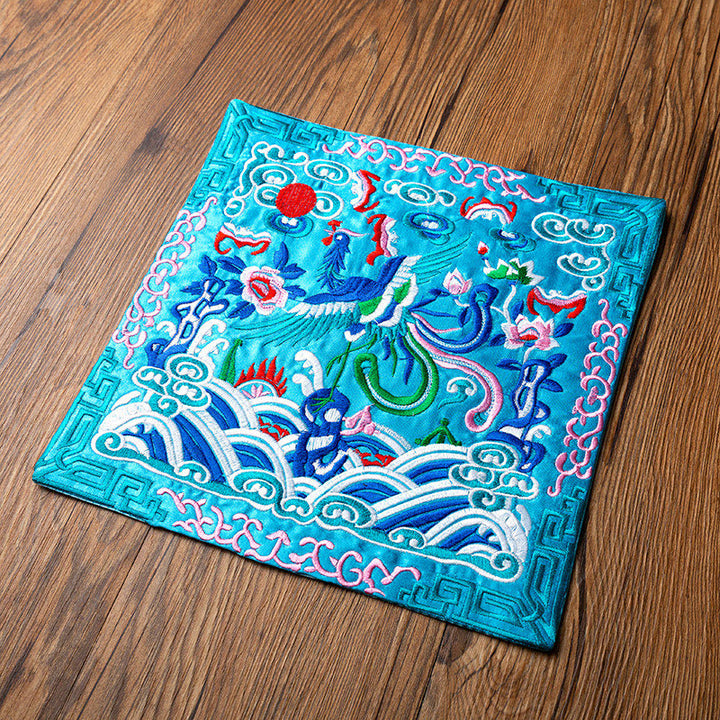 Buddha Stones Phoenix Dragon Kirin Ricamo Sottobicchiere per tazza da tè Sottobicchiere per tazza da tè Kung Fu