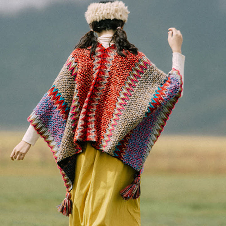 Scialle tibetano lavorato a maglia con Buddha Stones, mantello caldo, sciarpa tibetana con nappe