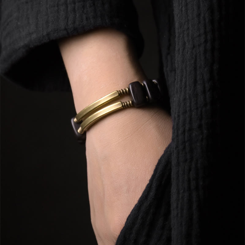 Bracciale a doppio strato in ottone e rame con Buddha Stones in legno di ebano tibetano - image 2