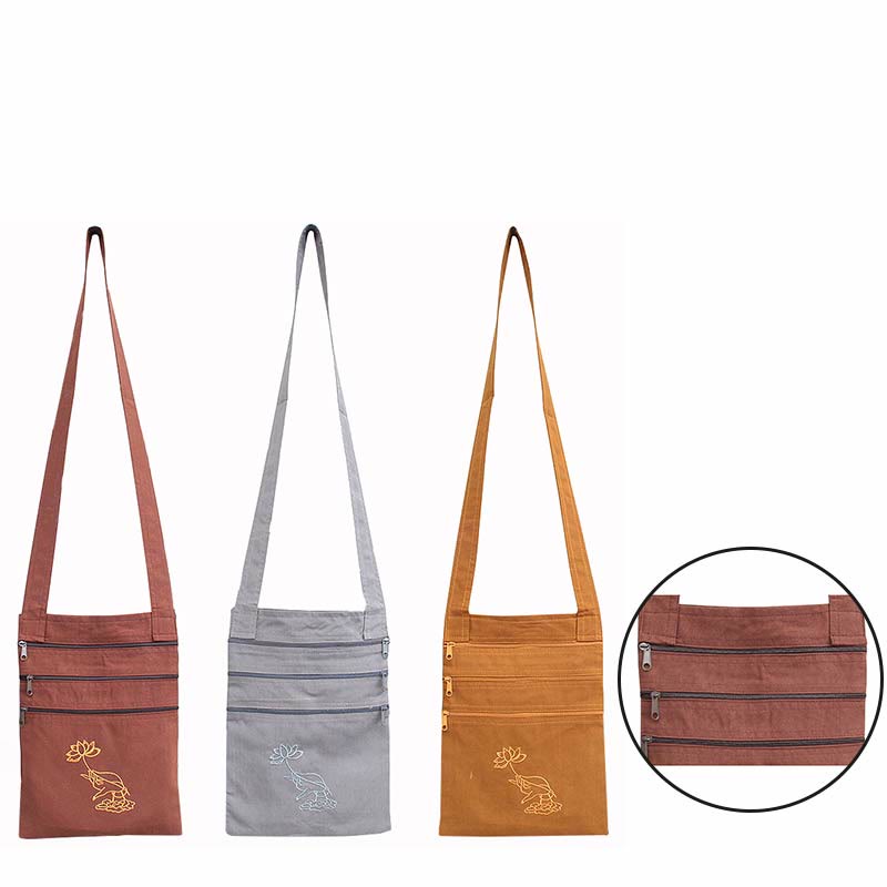 Borsa a tracolla in cotone ricamato con motivo a loto, pratica spirituale della mente