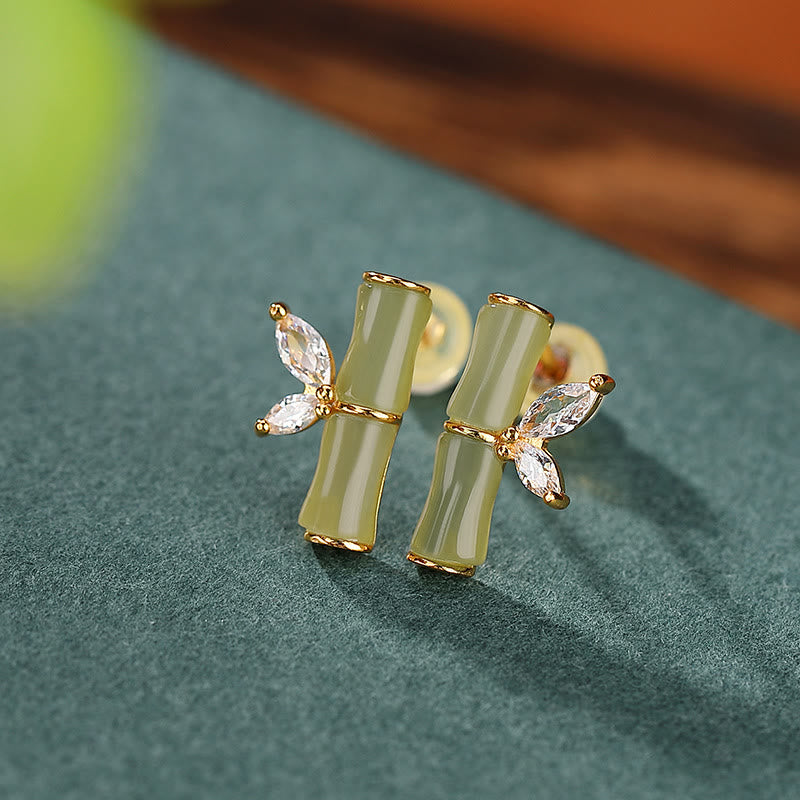 Orecchini a bottone con motivo di bambù e agata rossa, in argento sterling 925, Buddha Stones e giada ciano di Hetian, giada bianca e motivo di bambù