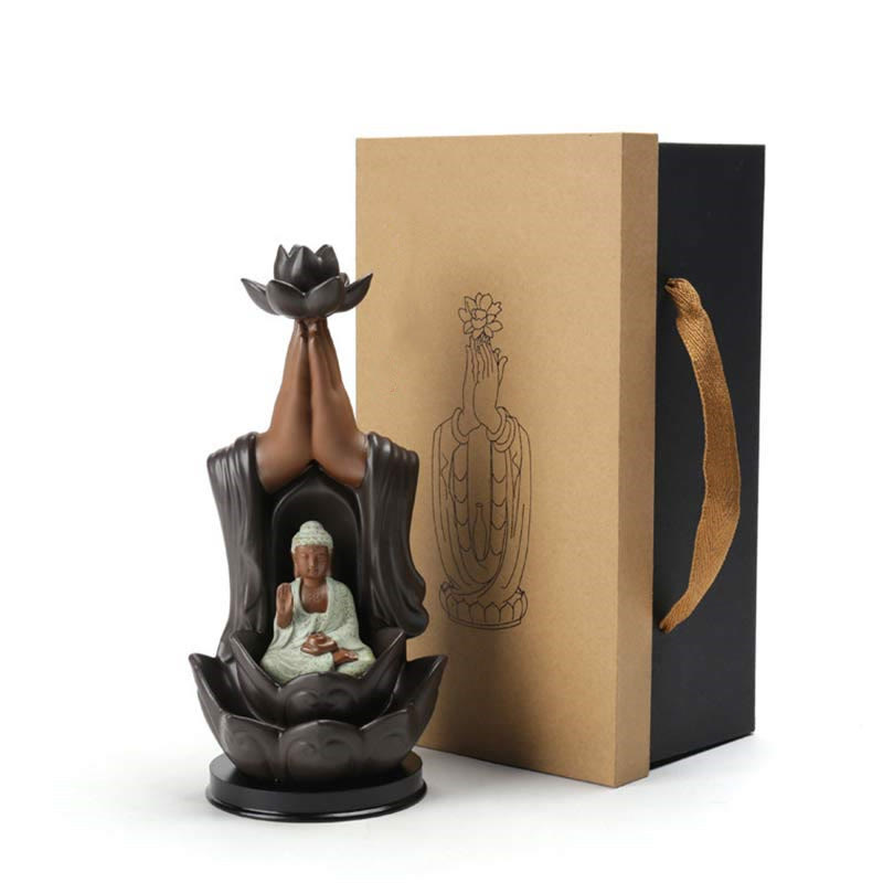 Buddha Avalokitesvara Chenrezig Ksitigarbha Ceramica Loto Benedizione Bruciatore di Incenso a Flusso Inverso