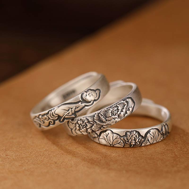 Anello Buddha Stones 999 Sterling Silver Lotus Peony Flower Enlightenment