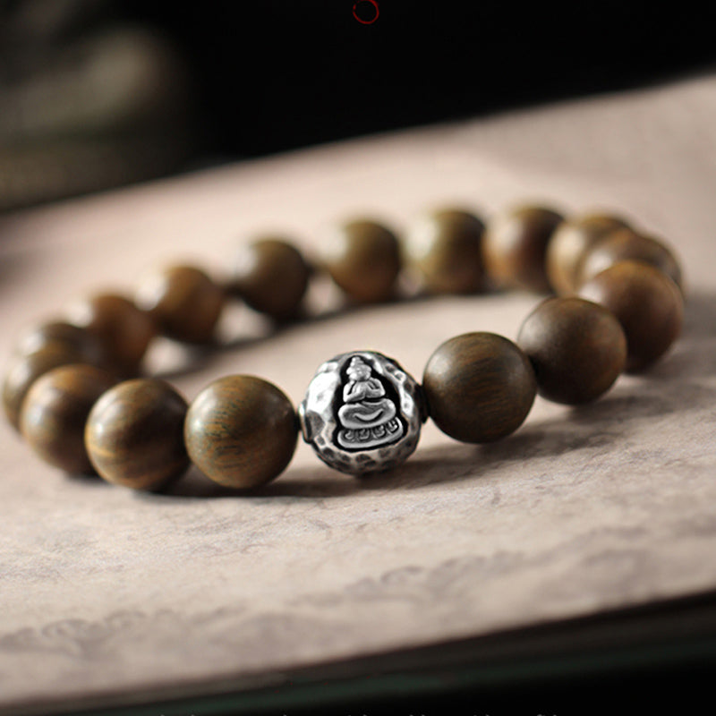 Buddha Stones Buddha Cure in argento sterling 999 con piccole foglie di sandalo verde e sandalo rosso